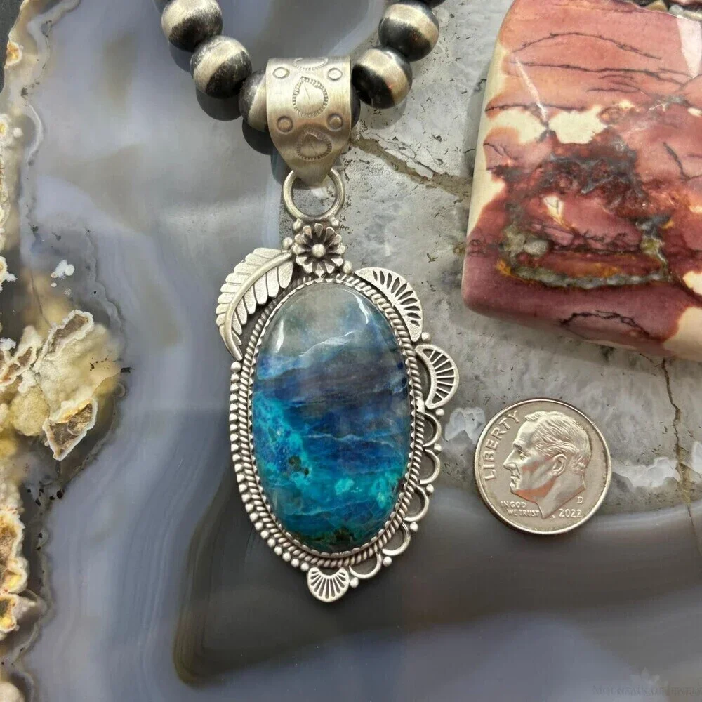 Sterling Southwestern Style Elongated Shattuckite Decorated Pendant For Women